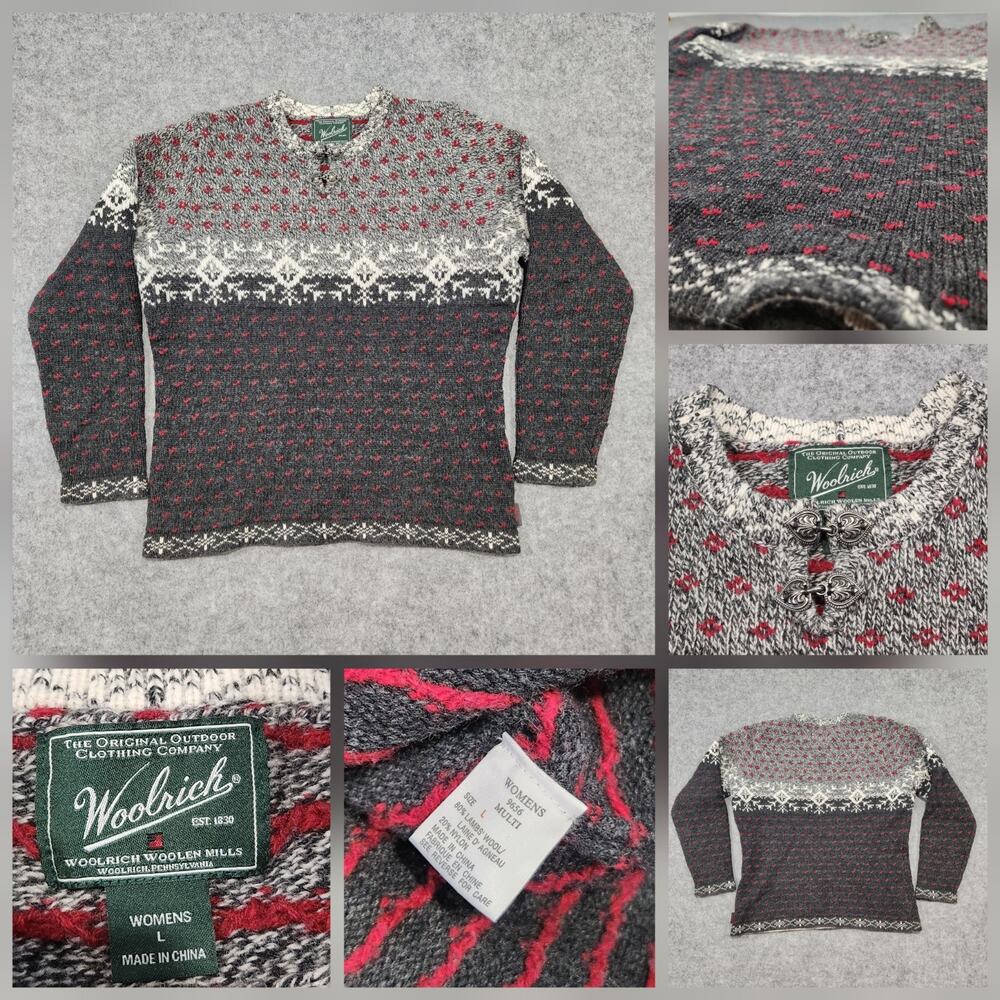 Woolrich Womens L‎ Large Lambswool Blend Nordic Fair Isle 1/4 Clasp Knit Sweater